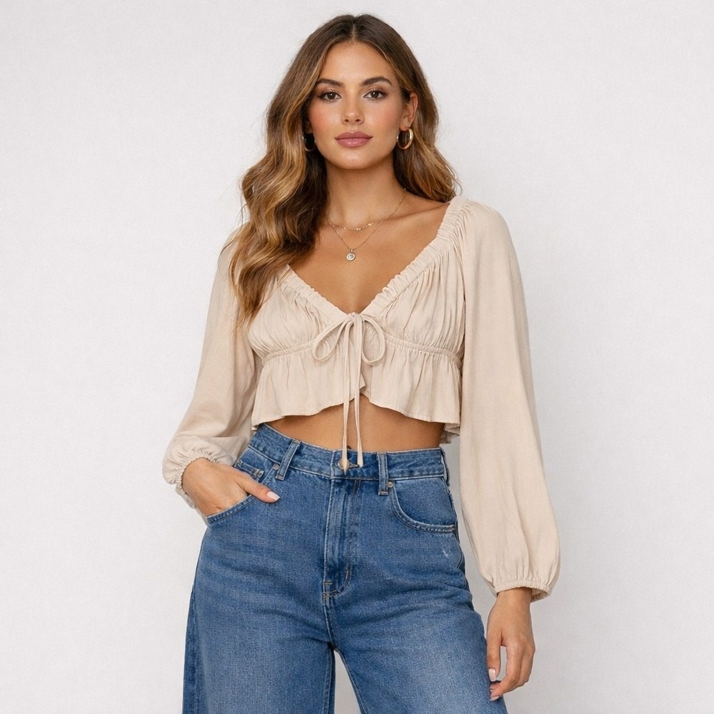 Hyfve Women Boho Babydoll Fairy Top Long Sleeve S Beige Crop Peasant Smocked